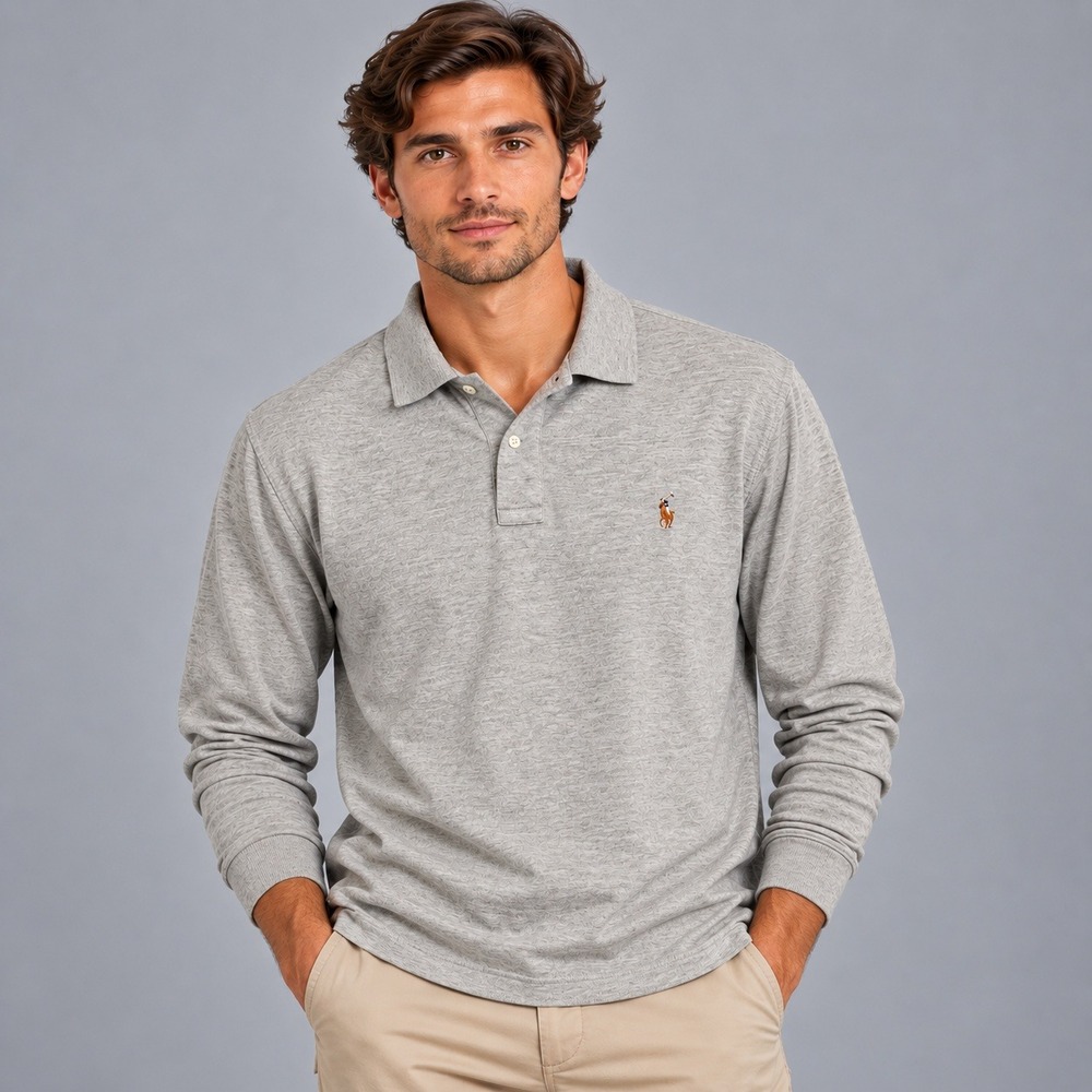 Ralph Lauren Mens Heather Gray Long Sleeve Cotton Jersey Polo Shirt Medium